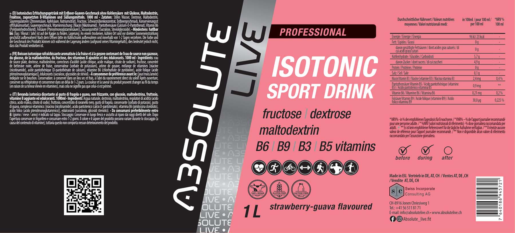 Absolute Live Isotonic Sport Drink 1000ml Strawberry Guava 7044 22 